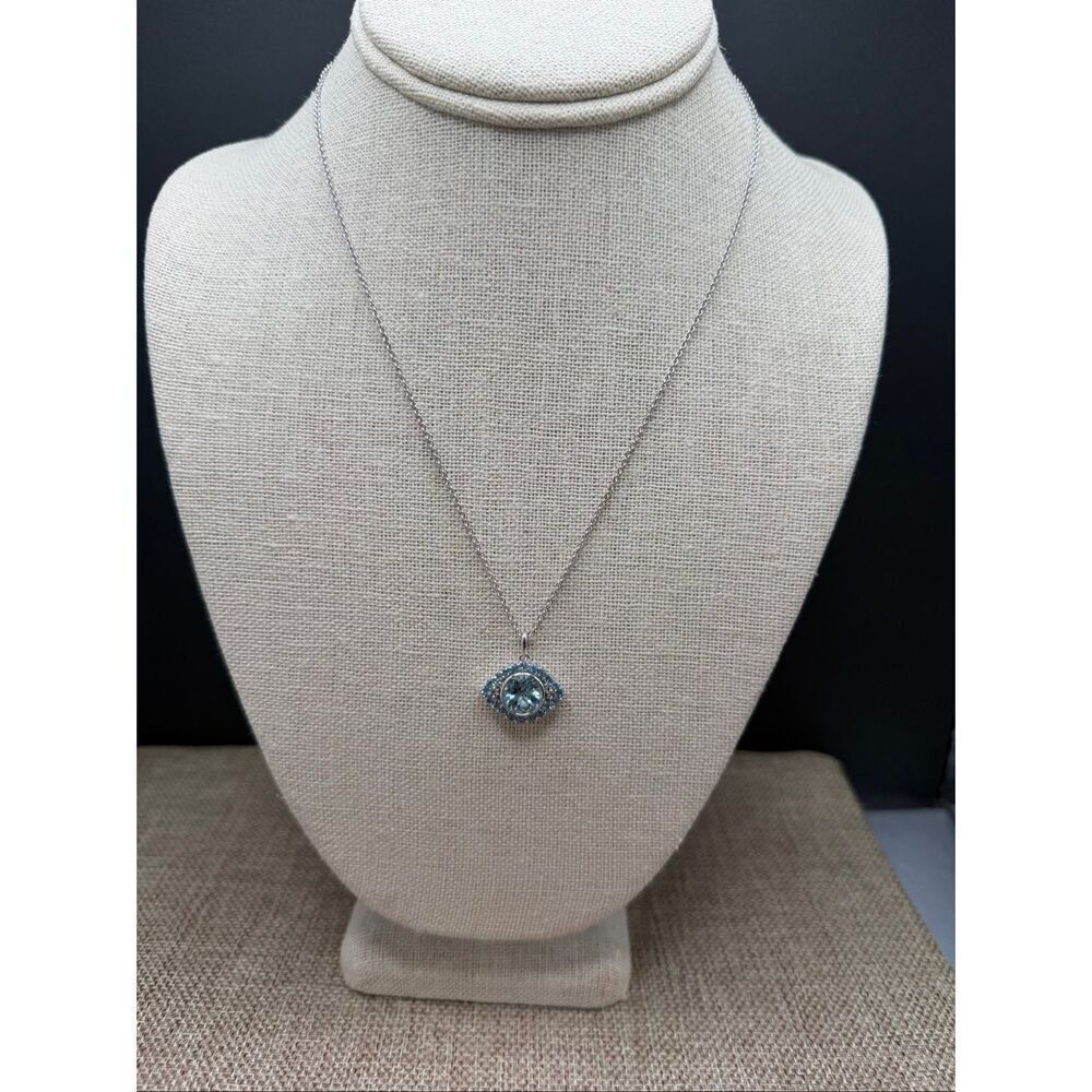 Sterling Silver Evil Eye Necklace with Aqua Crystal Center & Pavé Halo
